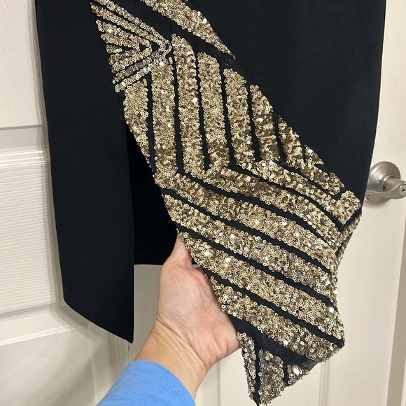 Guess Black Party Dress with gold metallic sequins, sexy slit, flirty NYE dance - Picture 3 of 5